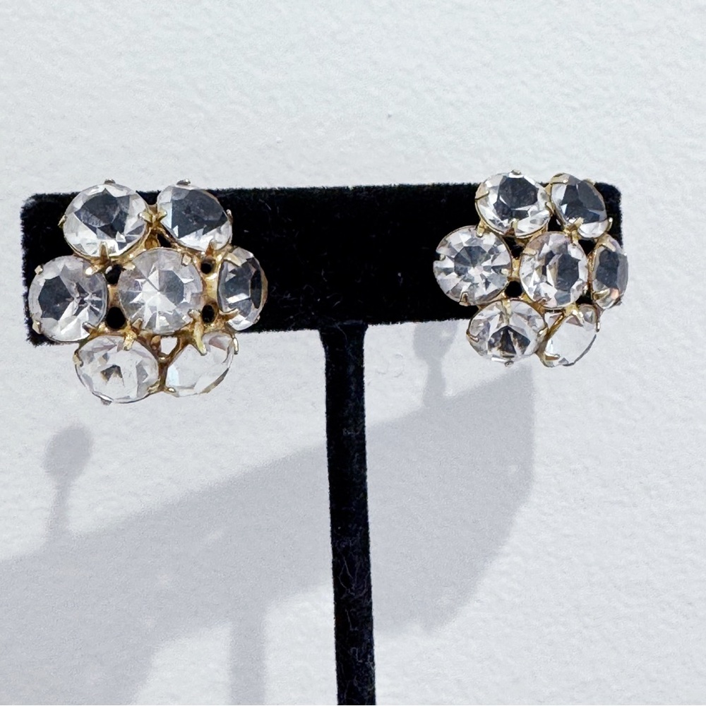Vintage Clear Crystal Clip on floral earrings Wedding Bridal